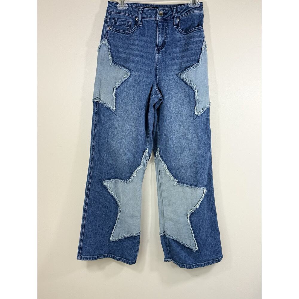 Patchwork Wide Leg Jeans Womens 3 Blue Denim Star Appliqué